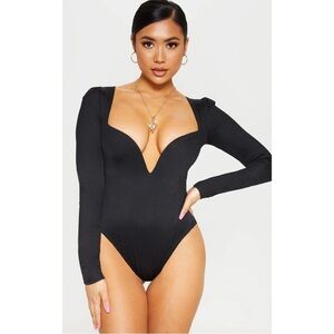 Pretty Little Thing Petite Black Long Sleeve Plunge Bodysuit Size 12 NWT
